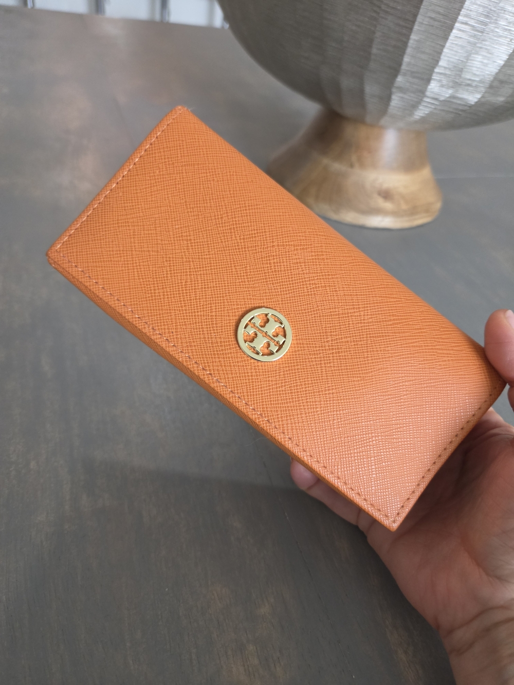 Tory Burch Orange Saffiano Continental Glasses Case with Gold Logo Medallion